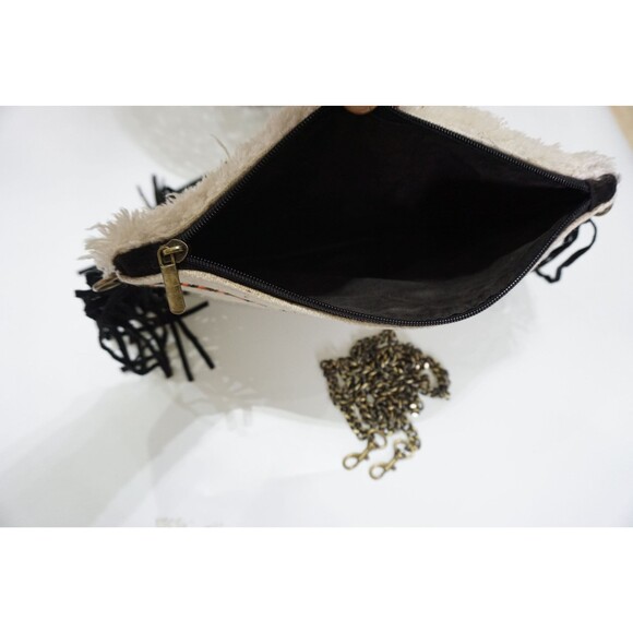 Moroccan Fringe Bag Handira Kilim Suede Leather Clutch with Chain Strap - Picture 6 of 10